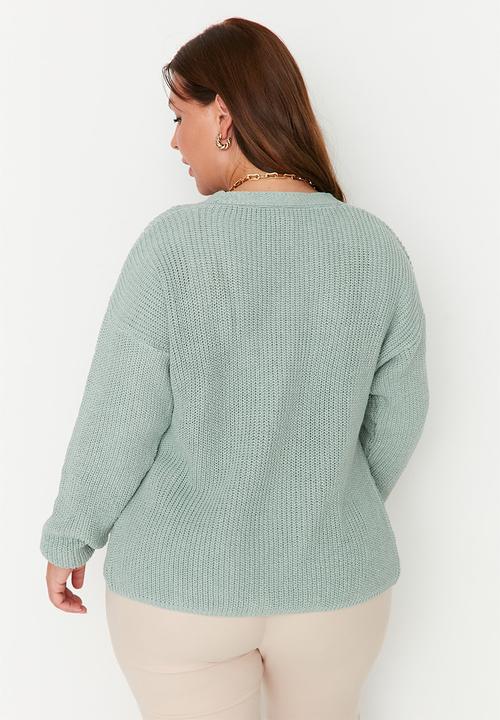 Trendyol - Plus v neck buttoned knit cardigan - green