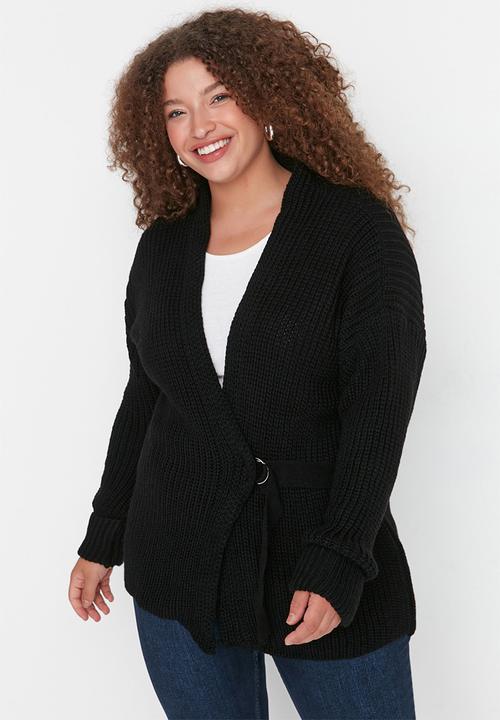 Trendyol - Plus tie waist wrap cardigan - black
