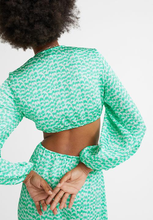 H&M - Balloon-sleeved cut-out crêpe dress - green/patterned