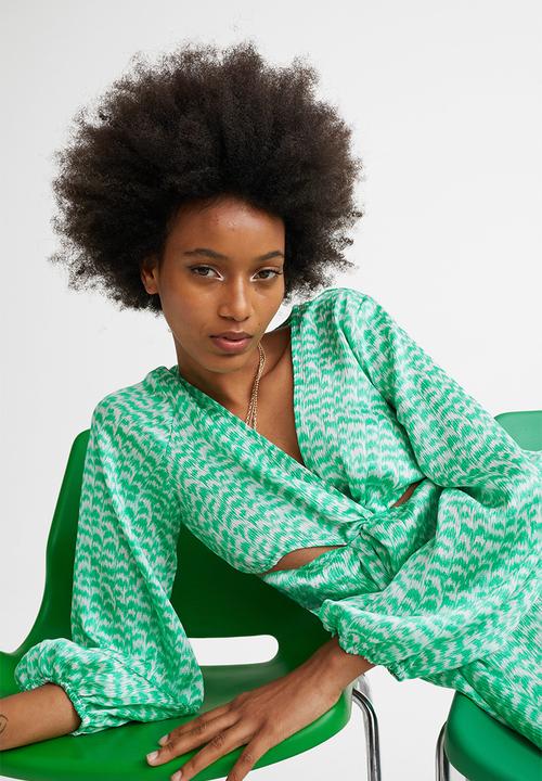 H&M - Balloon-sleeved cut-out crêpe dress - green/patterned