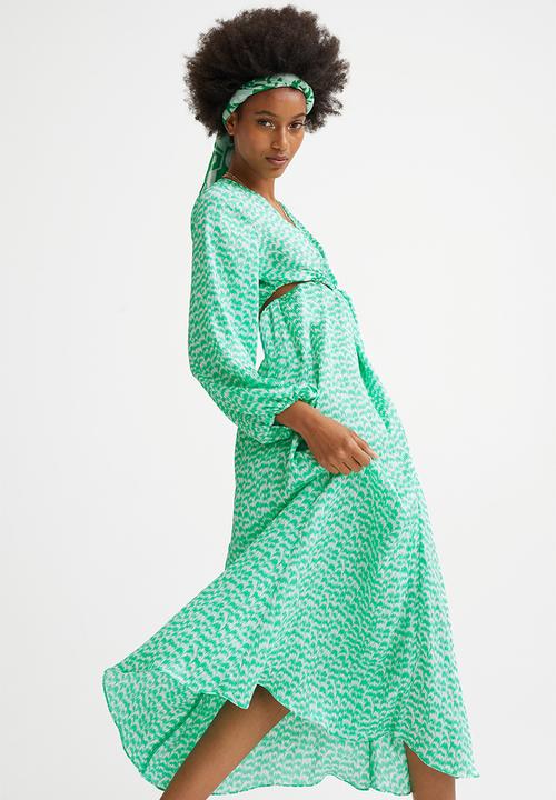 H&M - Balloon-sleeved cut-out crêpe dress - green/patterned