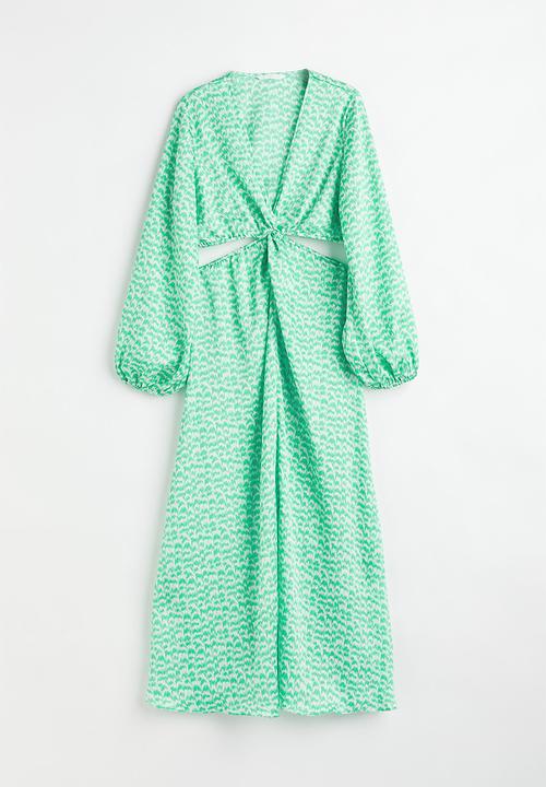 H&M - Balloon-sleeved cut-out crêpe dress - green/patterned