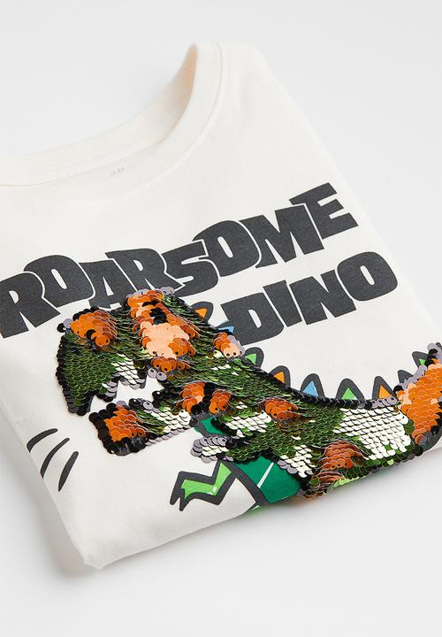 H&M - Sequinned T-shirt - natural white/dinosaur