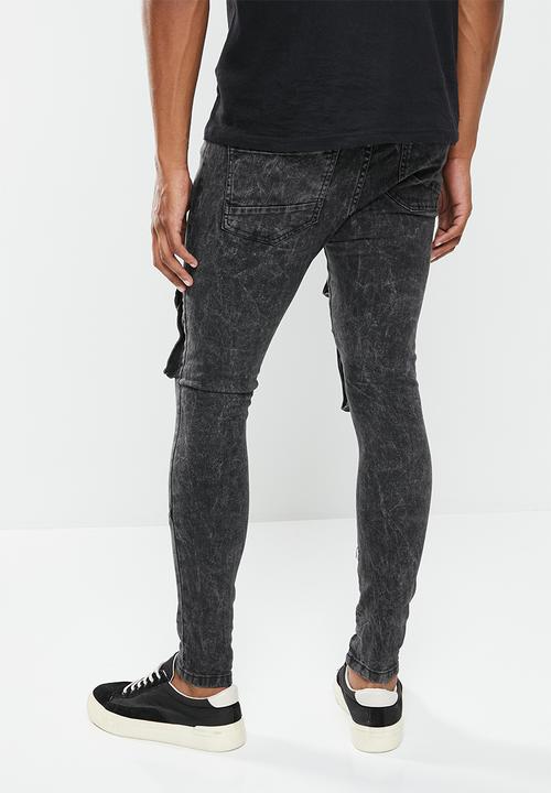 Brave Soul - Mjn-peruacid cargo denim acid wash skinny - black