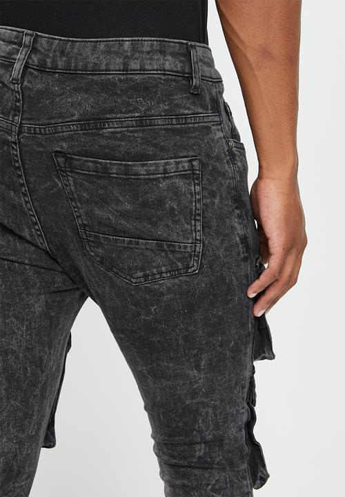 Brave Soul - Mjn-peruacid cargo denim acid wash skinny - black