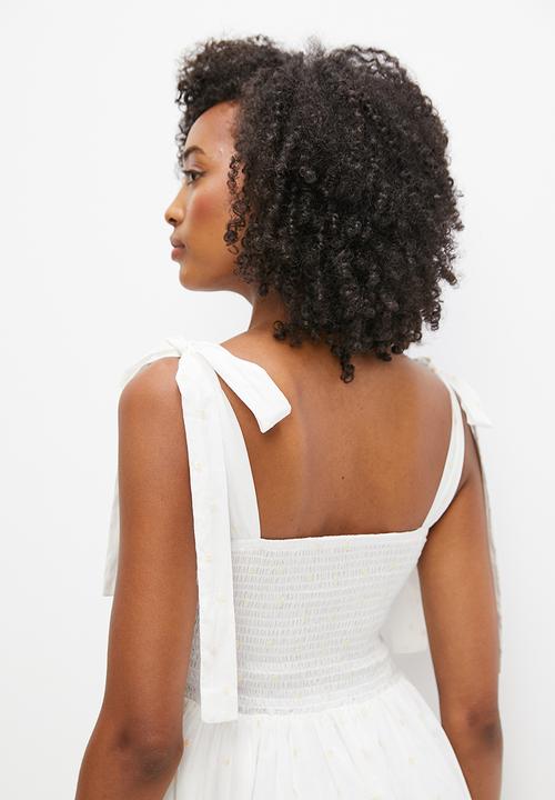 MILLA - Shoulder tie midi dress - white dobby