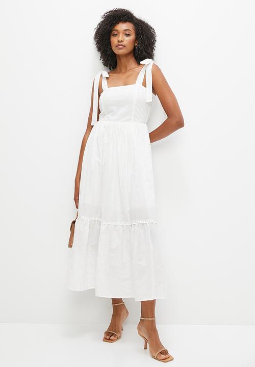 MILLA - Shoulder tie midi dress - white dobby