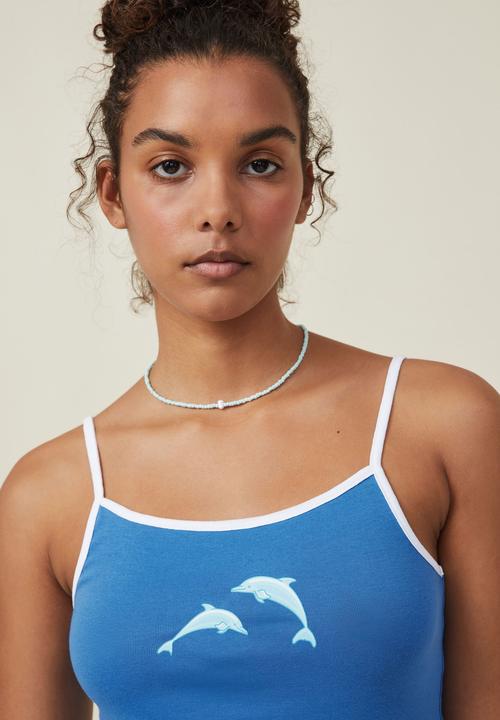 Cotton On - Graphic straight neck rub cami - dolphin paradise bay/brightest blue