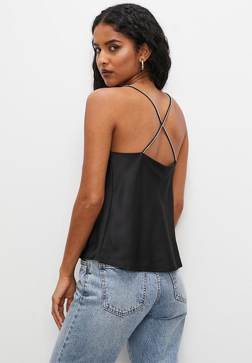 VELVET - Satin cowl cami with embellished straps - black