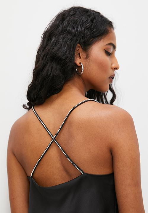 VELVET - Satin cowl cami with embellished straps - black
