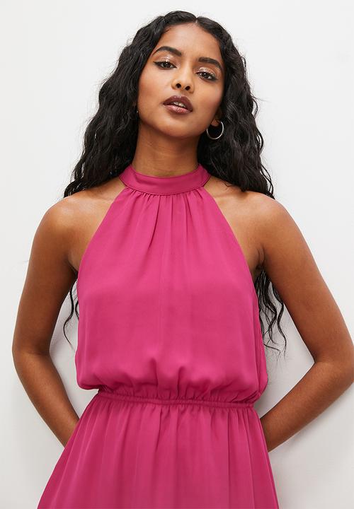 VELVET - Halter soft waisted mini dress with open back - magenta