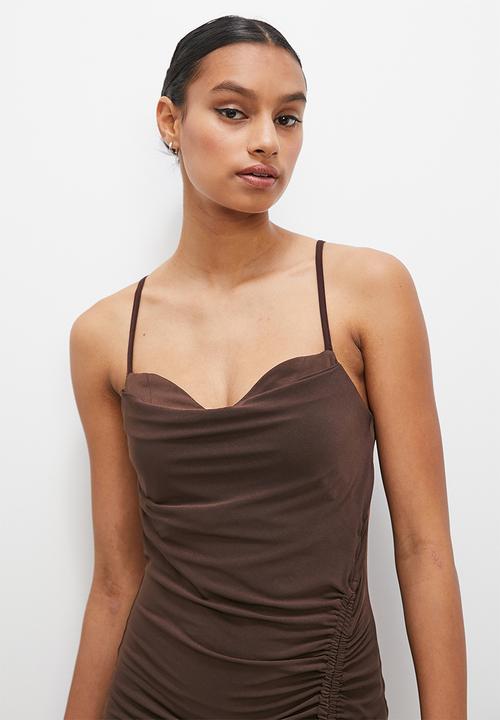 VELVET - Midi cowl neck dress with drape detail - choc