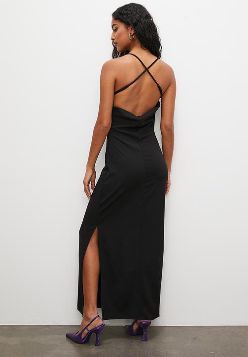 VELVET - Cowl crepe knit strappy maxi dress - black