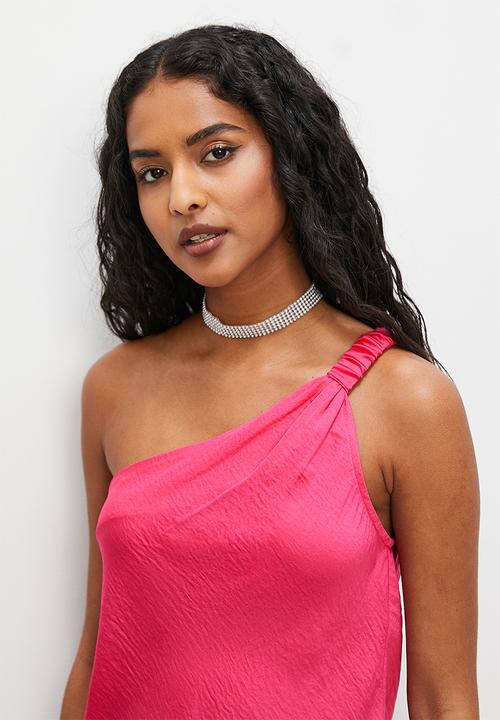 VELVET - Asym shoulder twist detail satin blouse - cerise