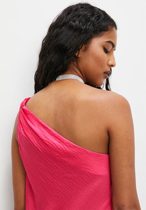 VELVET - Asym shoulder twist detail satin blouse - cerise
