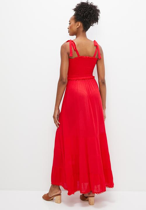 edit - Crinkle smocked tiered maxi dress - red