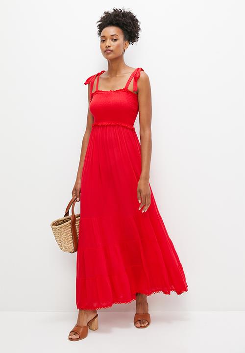 edit - Crinkle smocked tiered maxi dress - red
