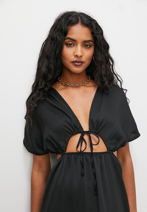 VELVET - Grecian drawstring detail textured satin maxi dress - black