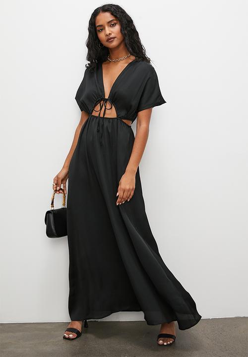 VELVET - Grecian drawstring detail textured satin maxi dress - black