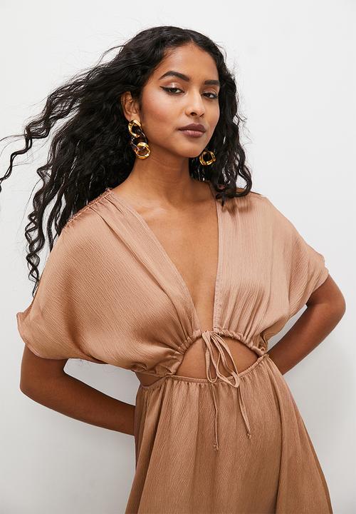 VELVET - Grecian drawstring detail textured satin maxi dress - macaroon