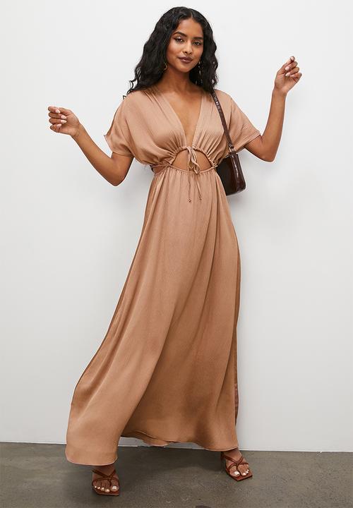 VELVET - Grecian drawstring detail textured satin maxi dress - macaroon