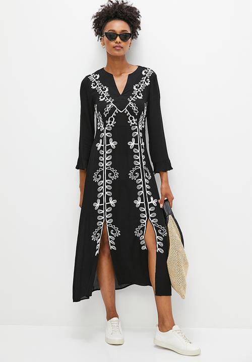 edit - Embroidered boho kaftan dress - black