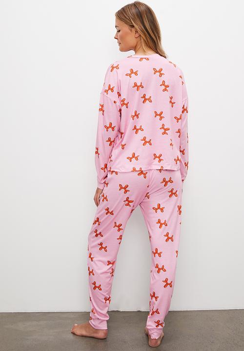 Blake - Long sleeve all over print knit top & pant set - pink base