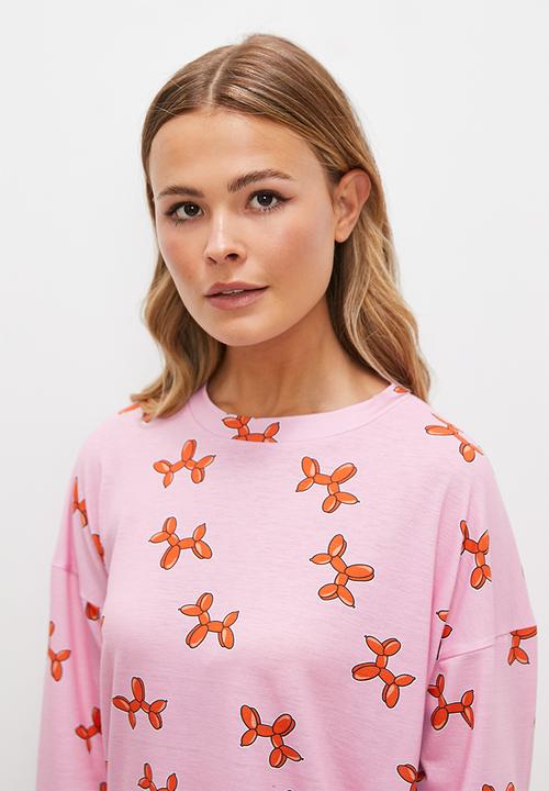 Blake - Long sleeve all over print knit top & pant set - pink base