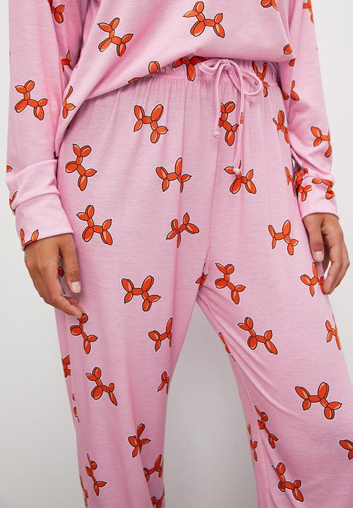 Blake - Long sleeve all over print knit top & pant set - pink base