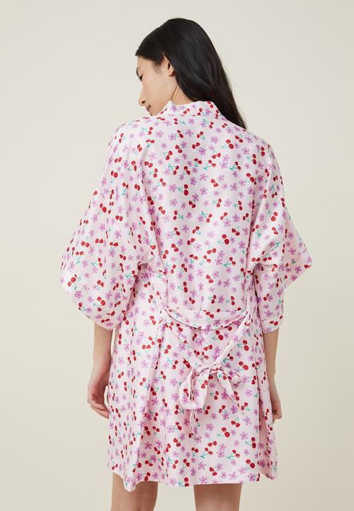 Cotton On - Satin robe - cherry floral pink