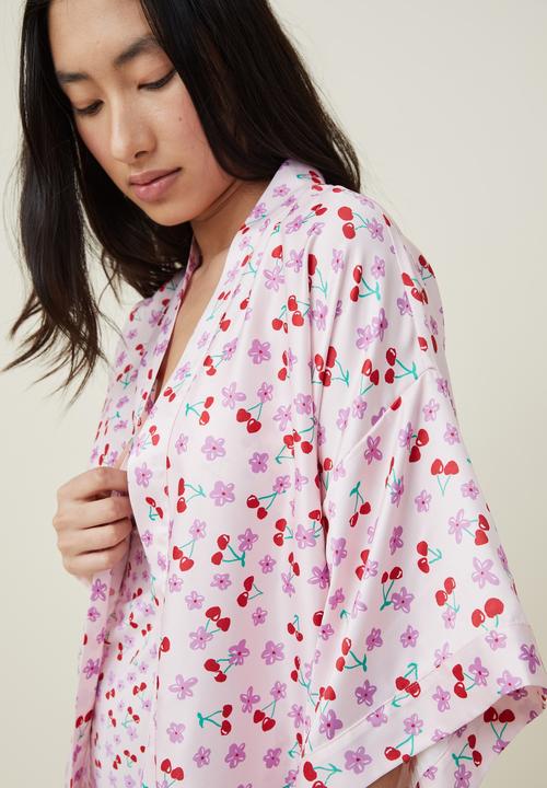 Cotton On - Satin robe - cherry floral pink