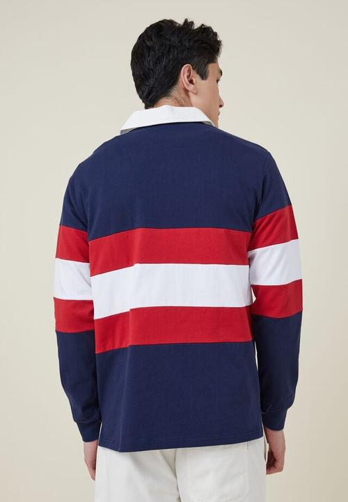 Cotton On - Rugby long sleeve polo - indigo tri stripe