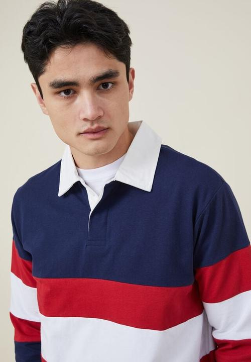 Cotton On - Rugby long sleeve polo - indigo tri stripe