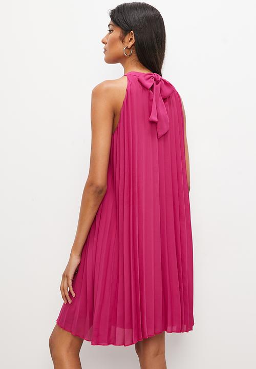 VELVET - Pleated halter mini trapeze dress with open back - hot magenta