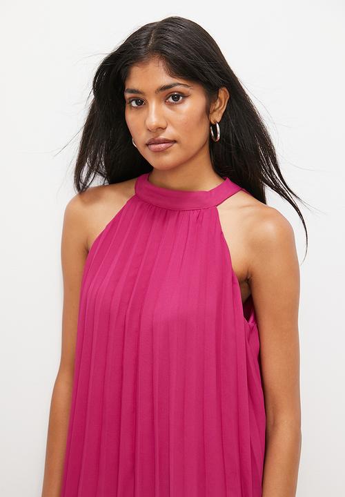 VELVET - Pleated halter mini trapeze dress with open back - hot magenta