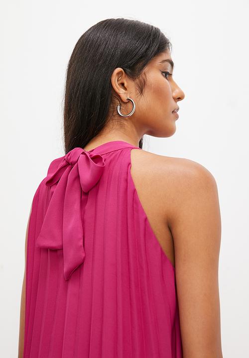 VELVET - Pleated halter mini trapeze dress with open back - hot magenta