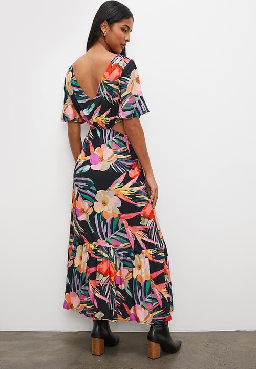 VELVET - Printed midi dress with cut out detail - tropical black