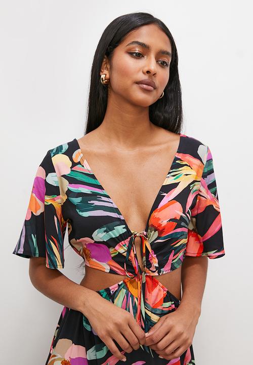 VELVET - Printed midi dress with cut out detail - tropical black