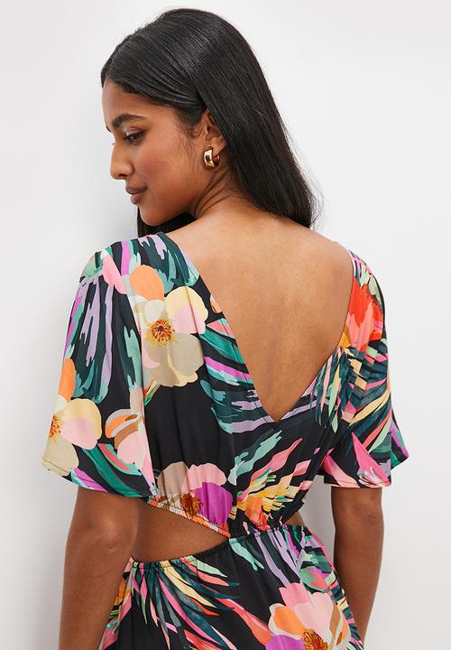 VELVET - Printed midi dress with cut out detail - tropical black