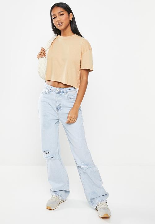 Trendyol - Round collar crop T-shirt - beige
