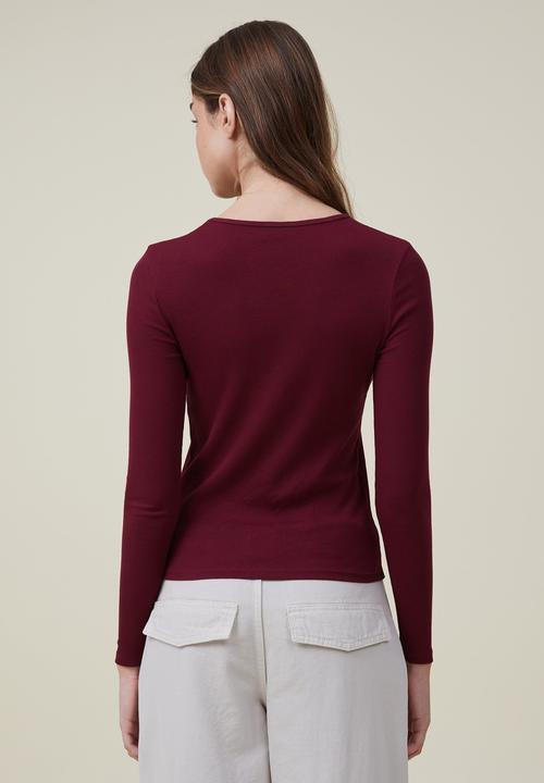 Cotton On - The one organic rib crew long sleeve top - sangria