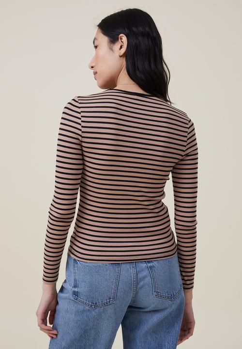 Cotton On - The one organic rib crew long sleeve top - mazzy stripe chestnut