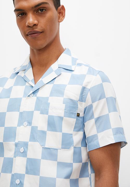 STYLE REPUBLIC - Checkerboard short sleeve revere collar shirt - white & blue