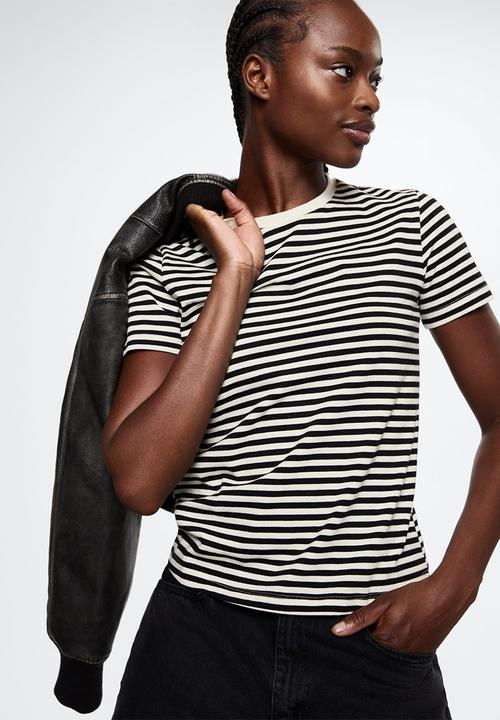 MANGO - T-shirt rayita - black