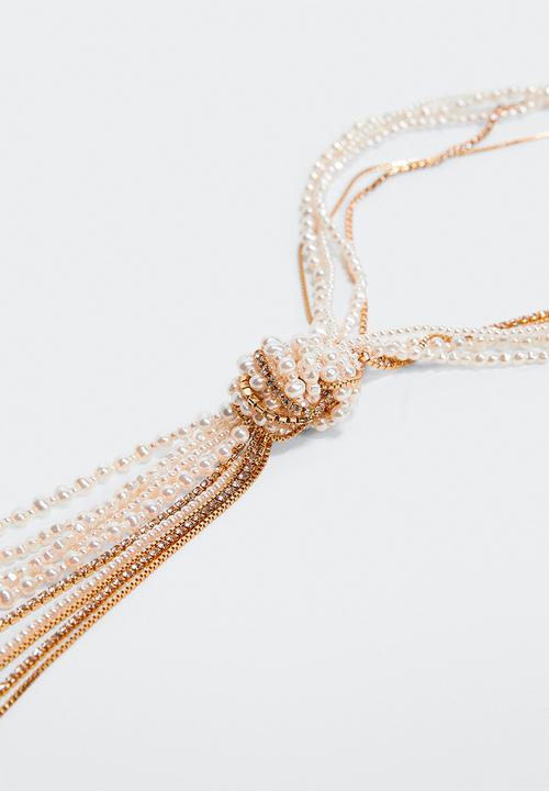MANGO - Combined knot pearl necklace - gold