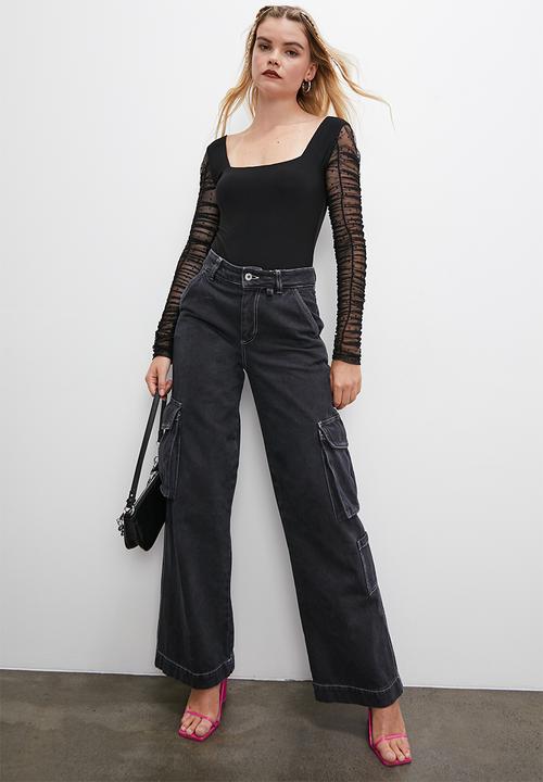 Blake - Squareneck mesh sleeve bodysuit - black