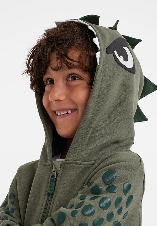H&M - Appliquéd zip through hoodie - khaki green/dinosaur