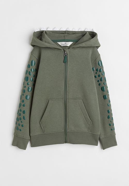 H&M - Appliquéd zip through hoodie - khaki green/dinosaur