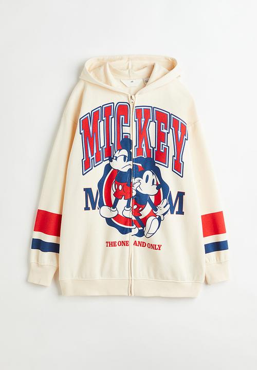 H&M - Oversized printed zip through hoodie - light beige/mickey mouse