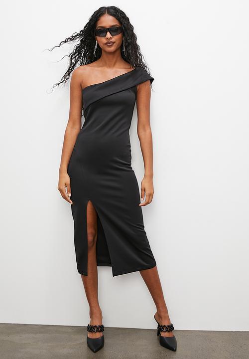 VELVET - Off the shoulder formal bodycon dress with slit - black
